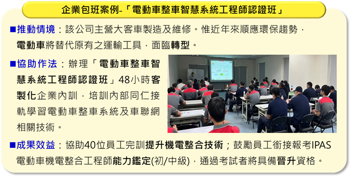 電動車整車智慧系統工程師認證班協助員工提升機電整合技術，鼓勵員工報考iPAS能力鑑定