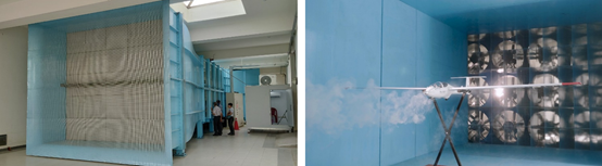 虎科大無人機檢測實驗室大型低速風洞及其測試實況照片。